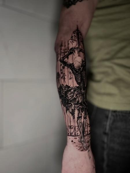 Blackwork skeleton ballerina tattoo by @harris_confess_