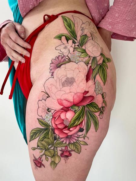 Realism floral bouquet tattoo by @hattiejcox_tattoo