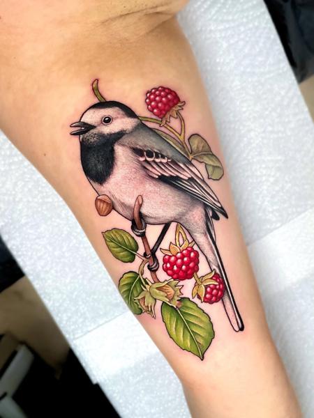 Realism bird with berries tattoo by @hattiejcox_tattoo