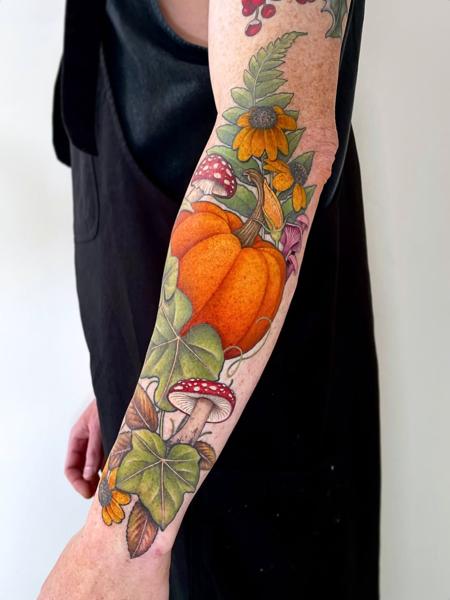 Realism pumpkin and mushrooms tattoo by @hattiejcox_tattoo