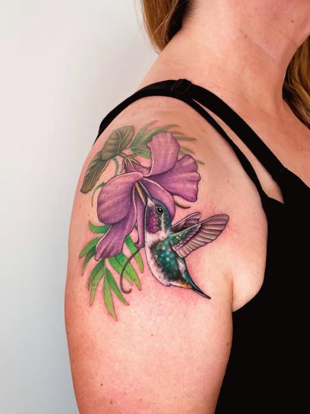 Realism hummingbird flower tattoo by @hattiejcox_tattoo