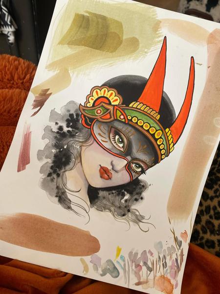 Illustrative masked woman tattoo by @helenbrowntattoo13