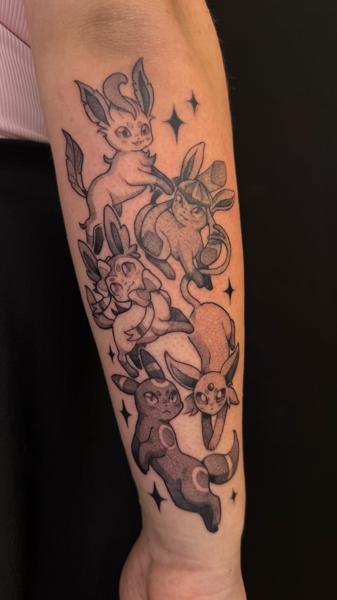 Illustrative pokemon characters tattoo by @helle.ink