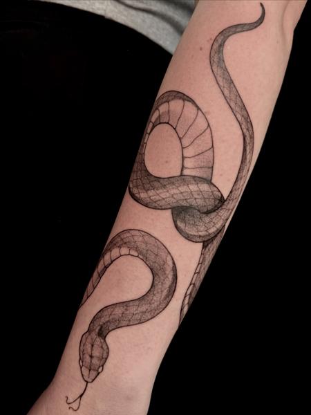 Fine Line snake tattoo by @helle.ink