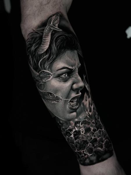 Realism medusa portrait tattoo by @hellekarger_tattoo