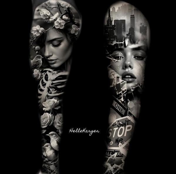 Realism floral skeletal woman tattoo by @hellekarger_tattoo