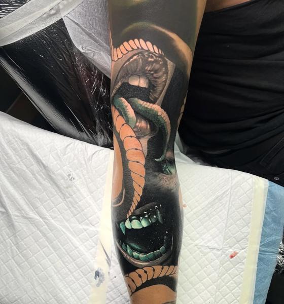 Realism snake mouth tattoo by @hermit_ttt