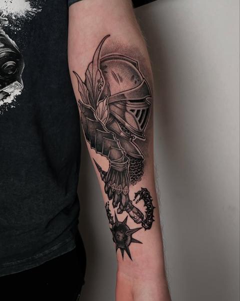 Blackwork knight armor tattoo by @himiko.ink
