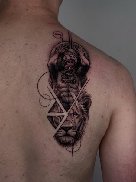 Dotwork lion and figure tattoo by @himiko.ink