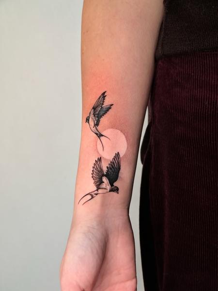 Fine line swallows tattoo by @himiko.ink