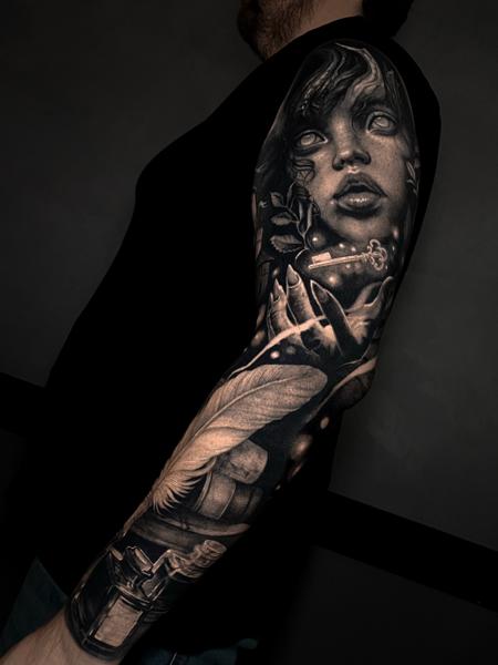 Realism surreal portrait tattoo by @honey.scarheart