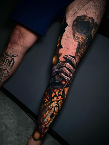 Realism skeletal hand tattoo by @honey.scarheart