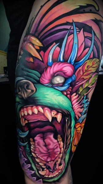 New School colorful monster tattoo by @honey.scarheart
