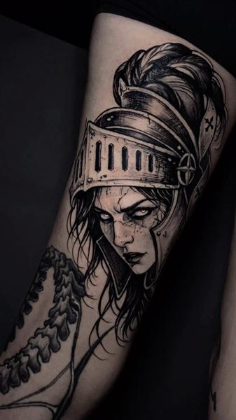 Blackwork warrior portrait tattoo by @honey.scarheart