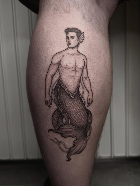 Fine line merman tattoo by @illytattoo