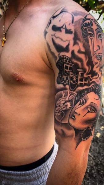 Realism portrait collage tattoo by @il.egall