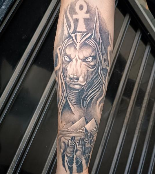 Realism anubis portrait tattoo by @il.egall