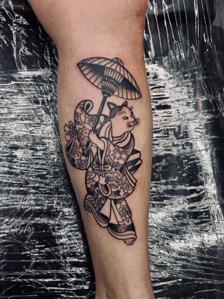 Japanese cat with umbrella tattoo by @il.egall
