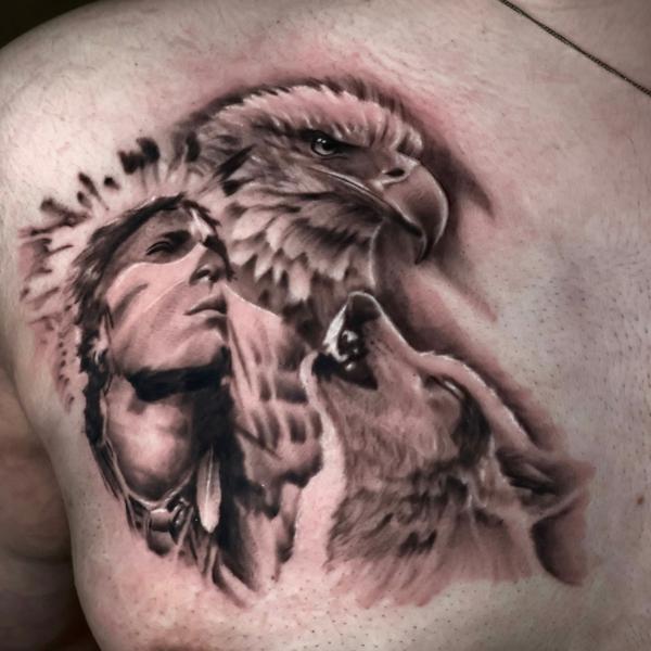 Realism eagle wolf portrait tattoo by @ilias_lab