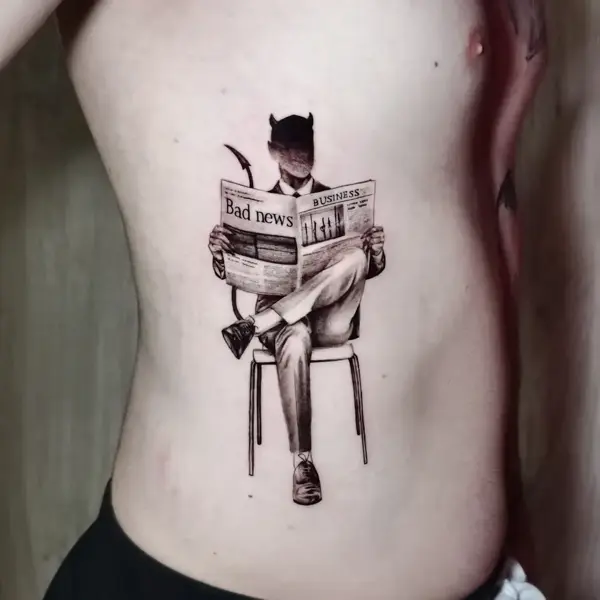 Illustrative devil reading newspaper tattoo by @60needle