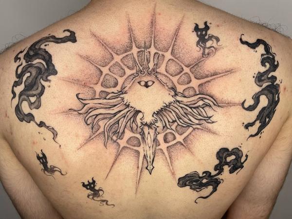 Dotwork abstract sun tattoo by @dollmadaki.tattoos