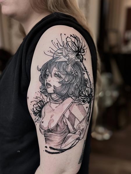 Illustrative blackwork origami woman portrait tattoo by @steinbach_art