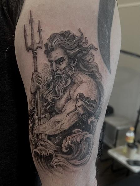 Blackwork dotwork mythological poseidon tattoo by @steinbach_art