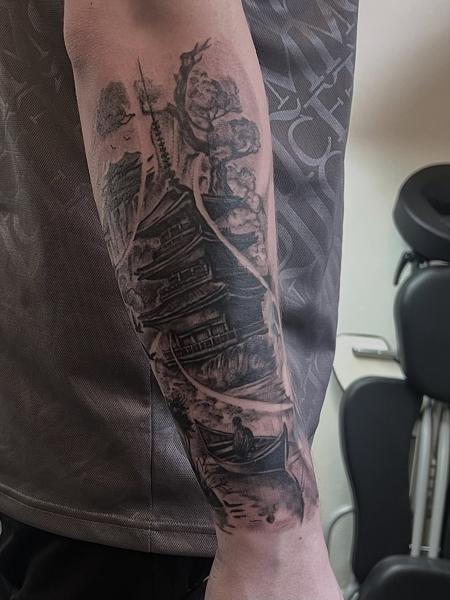 Black and grey realism japanese landscape tattoo by @steinbach_art
