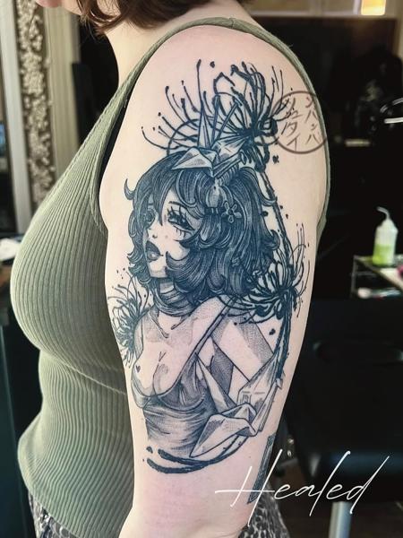 Illustrative blackwork anime woman origami tattoo by @steinbach_art