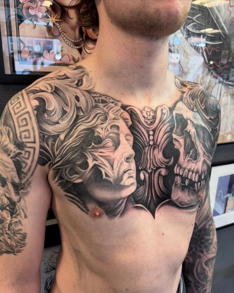 Realism greek statue and skull tattoo by @jacobbrask88