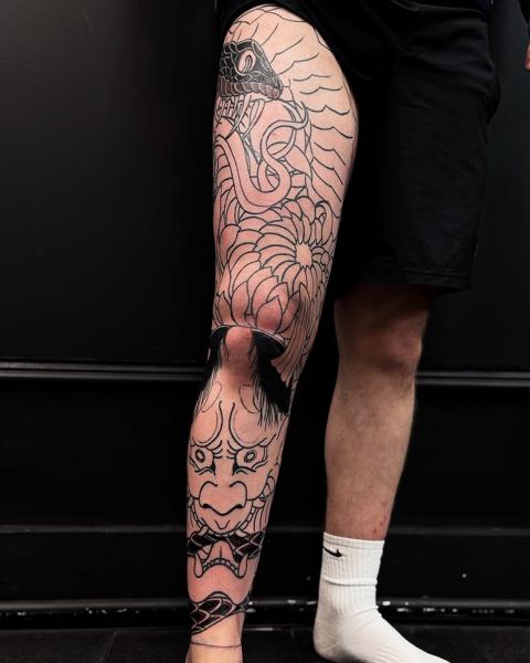 Japanese hannya mask snake tattoo by @jacoby_tattoo