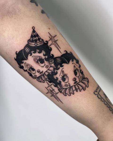 Blackwork creepy clowns tattoo by @jadee.tattoo