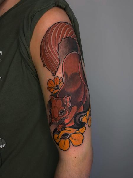 Neo-traditional floral squirrel tattoo by @jadee.tattoo
