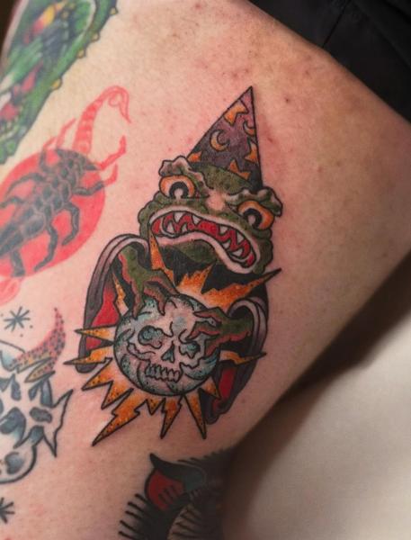 Traditional wizard frog skull tattoo by @jadee.tattoo