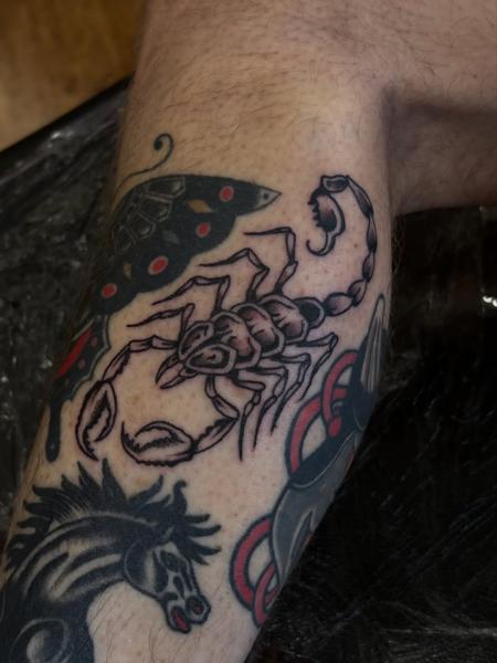 Traditional traditional scorpion tattoo by @jadee.tattoo