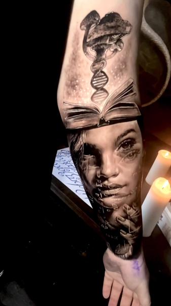 Realism surreal portrait tattoo by @jakconnollyart