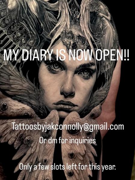 Realism angelic portrait tattoo by @jakconnollyart
