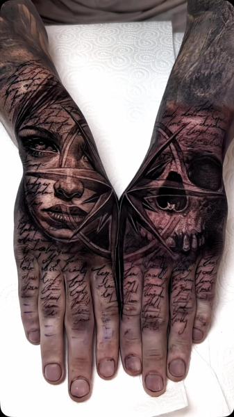 Realism face and skull tattoo by @jakconnollyart