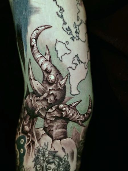 Illustrative horned monster tattoo by @jakebarneyfromstatefarm