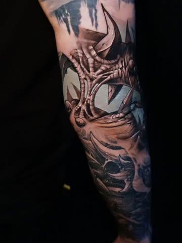Horror biomechanical horror creature tattoo by @jakebarneyfromstatefarm