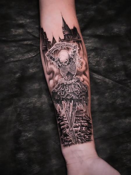 Realism skeleton ballerina tattoo by @jakebarneyfromstatefarm