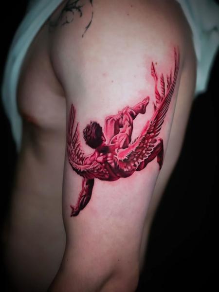 Realism falling angel tattoo by @jakebarneyfromstatefarm