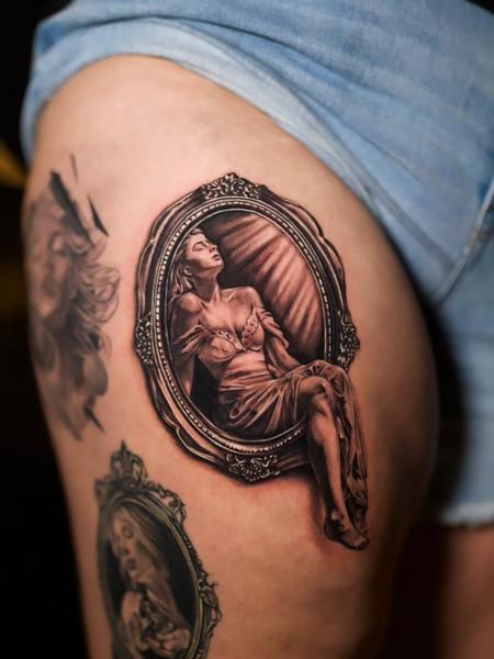 Realism reclining woman tattoo by @jakebarneyfromstatefarm