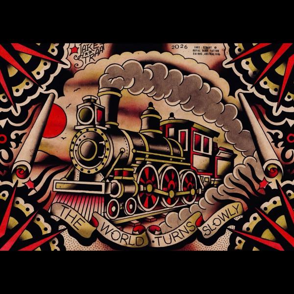 Traditional steam train tattoo by @straats_tatts