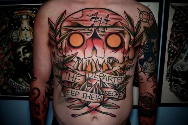 Traditional skull landscape tattoo by @straats_tatts