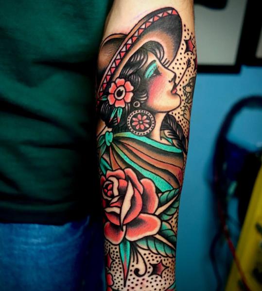 Traditional sombrero woman rose tattoo by @straats_tatts