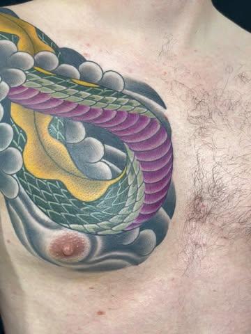 Japanese colorful snake tattoo by @jamesbulltattoo
