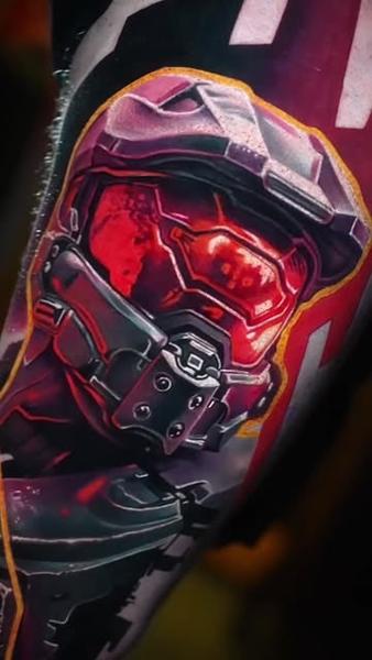 Realism futuristic helmet tattoo by @jfrandall_tattoos