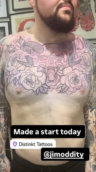 Linework floral skull tattoo by @jimoddity