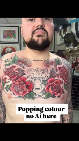 Traditional skull and roses tattoo by @jimoddity